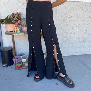 Black split-leg pearl embellished flare pants